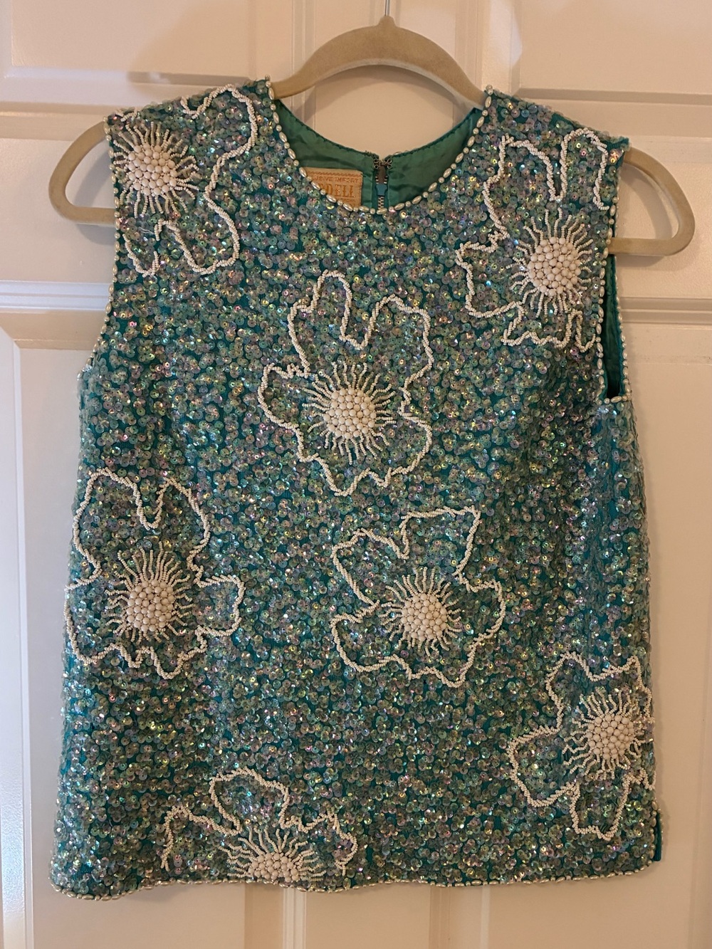 Vtg 1960s Cardell Wool Beaded Sequin Top Sz Medium Turquoise Holiday Party